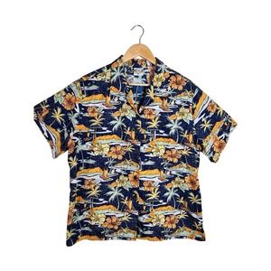Go Barefoot Hawaiian Shirt‎ Mens 3XL  Blue Orange Hibiscus Palm Tree Cotton USA